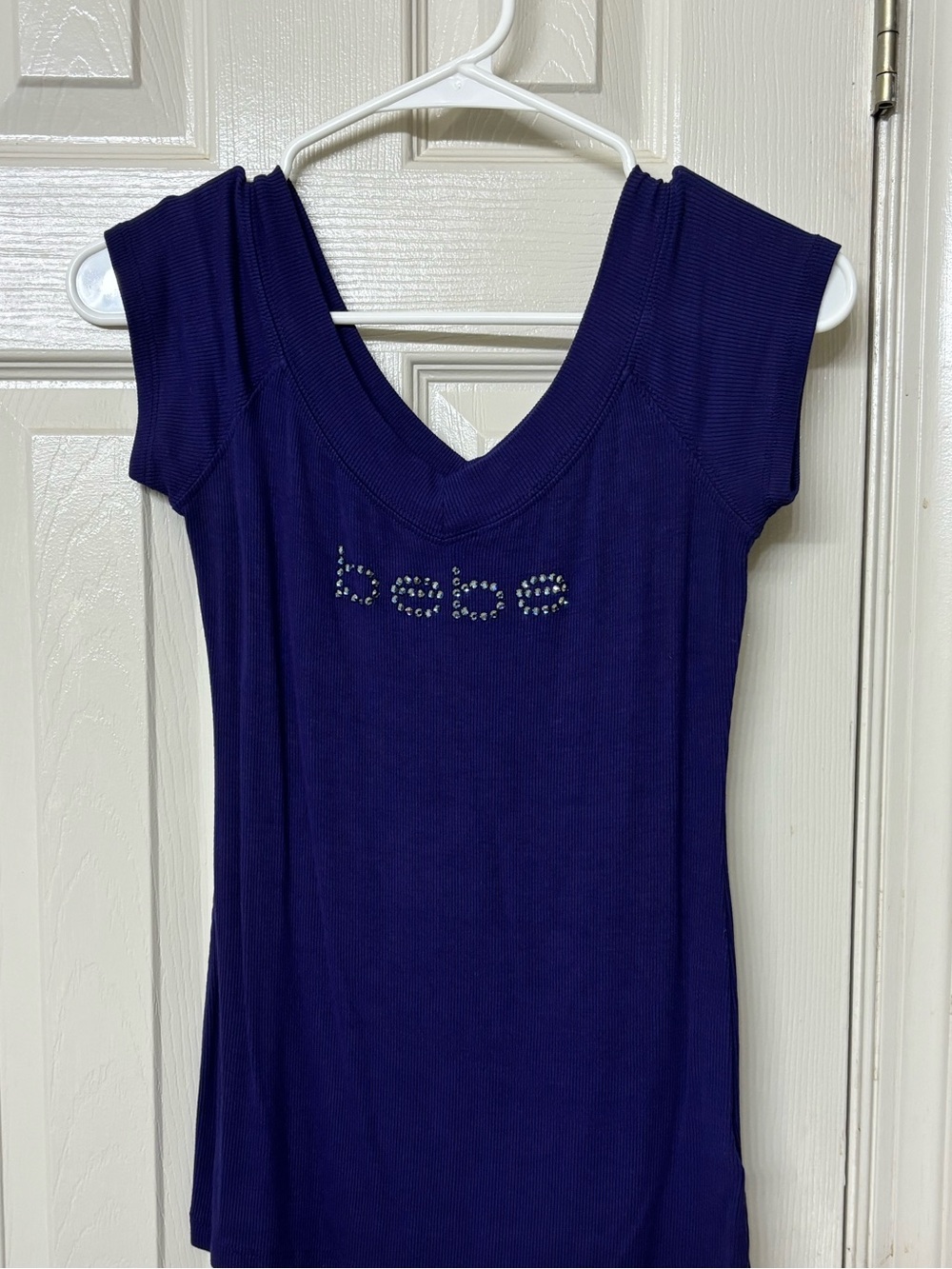 bebe Deep Purple Ribbed V-Neck Cap Sleeve Top with Crystal Logo